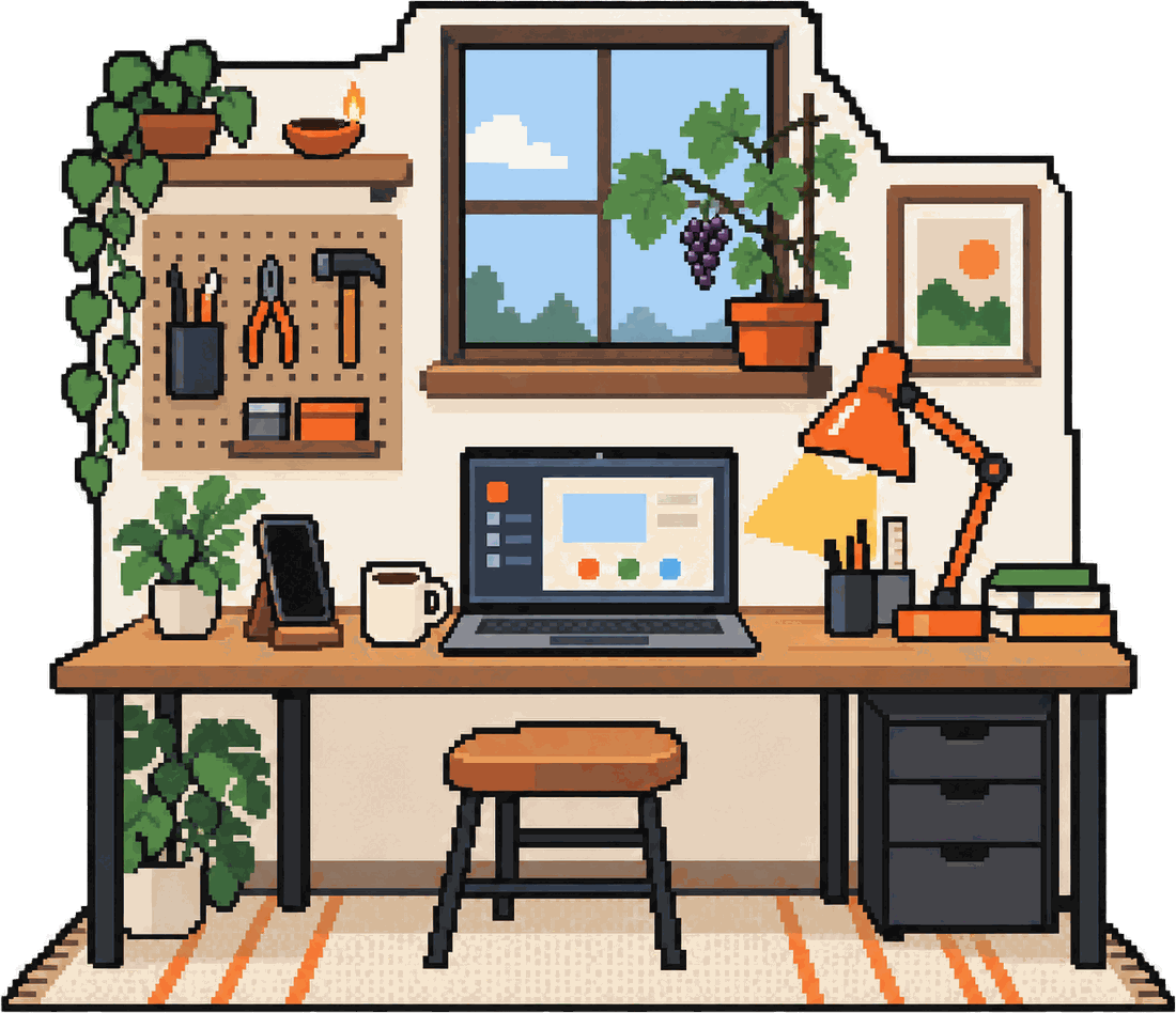 Pixel-art workshop desk with a laptop, a phone on a stand, a grape vine in the window and a clay lamp on the shelf